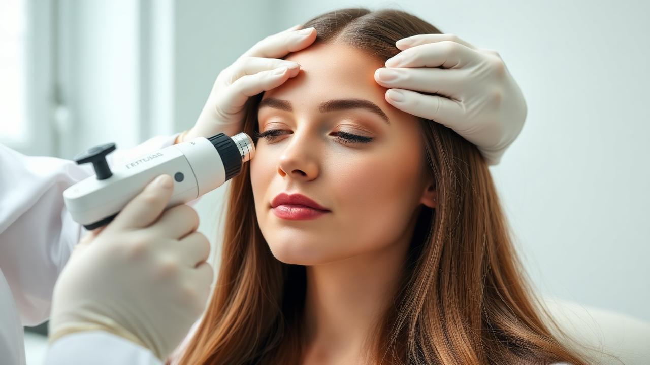 Klinikte trikoskop cihazıyla saçlı derisi incelenen kadın hasta