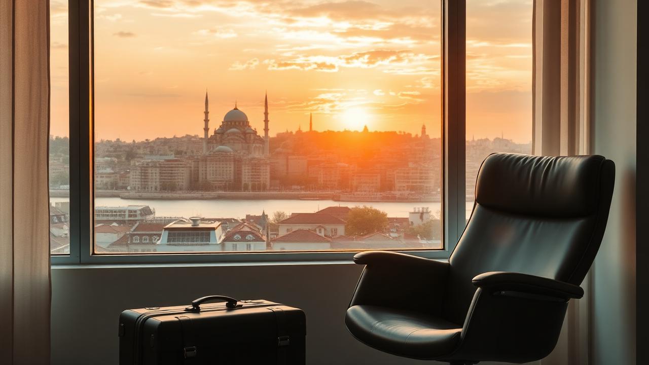 Klinik penceresinden gün batımında İstanbul silueti ve valiz